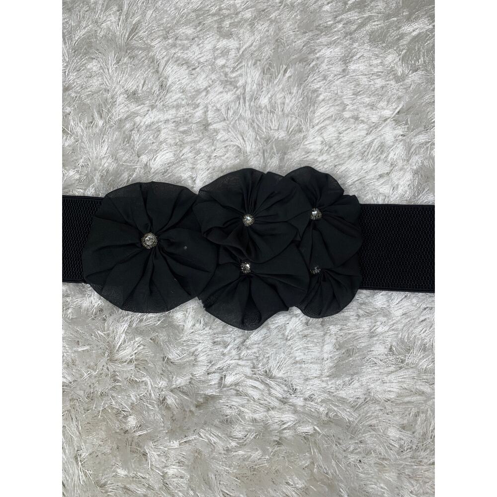 Black 3D Flower Belt Rhinestone Center Stretch Wide Belt Sz Small Medium - Picture 5 of 12